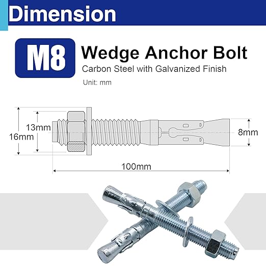 10Pcs 5/16" × 4" Concrete Anchor Bolts, Zinc Plated Carbon Steel Wedge Anchors for Cement, Brick, and Masonry