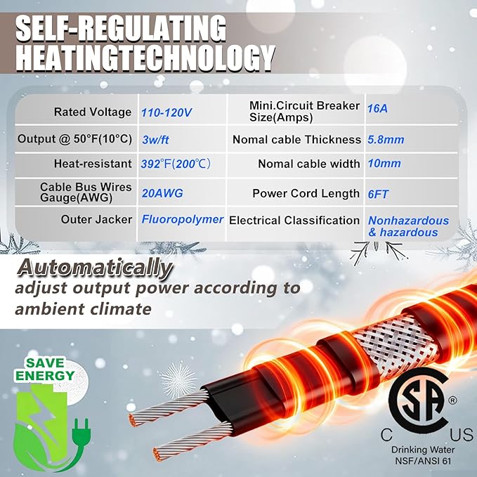 in Pipe Heating Cable Prevents Pipes from Freezing, Internal Self-regulating Heat Trace Cable for Safe Drinking Water, 120V 20FT