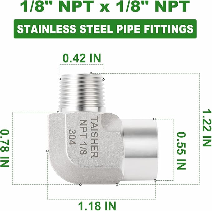 TAISHER 2PCS 304 Stainless Steel 90 Degree Barstock Street Elbow, 1/8 Inch NPT Male Pipe to 1/8 Inch NPT Female 304 Stainless Pipe Fitting