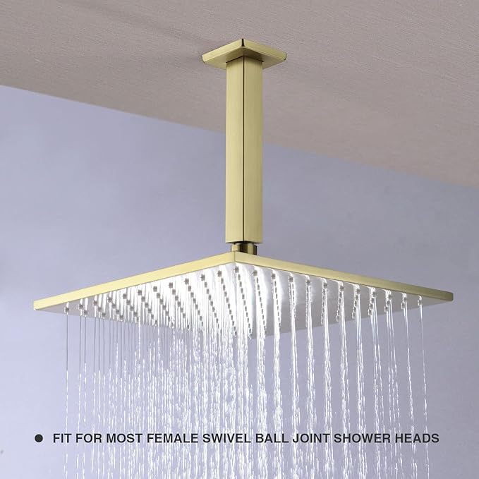 Brushed Gold Shower Arm with Flange 6 Inch Straight Stainless Steel Top Rainfall Shower Head Extension Pipe Square Shaped