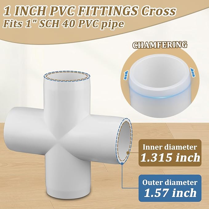 12-Pack 1" PVC Fittings Cross, Furniture Grade 1 Inch PVC Pipe Fittings 4 Way, UV Resistant, Fits SCH40 Pipe DIY Garden Shelves, Greenhouse, Shelf