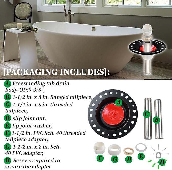 Freestanding Bathtub Rough-in Kit With Stainless Steel Tail Pipe and PVC Adapter Compatible with All Freestanding Bathtubs, Standard Bathtubs and Floor Mounted Bathtub - Fit 1-1/2" Bathtub Drains