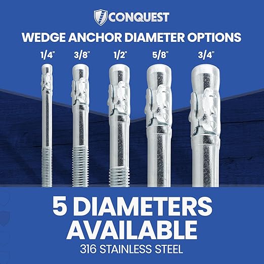 Conquest 316 Stainless Steel Concrete Wedge Anchors 1/2" x 3 3/4" - Heavy Duty Anchor Bolts for Marine, Coastal, and Outdoor Environments (25 Pack)