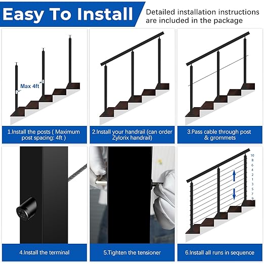 36" Expandable 12-16FT Black T304 Cable Railing Post Kit, Complete Cable Railing System with 4 Stair Posts, 177ft 1/8" Wire Rope(No Handrail), Adjustable Length Easy DIY for 25-35°Stairway