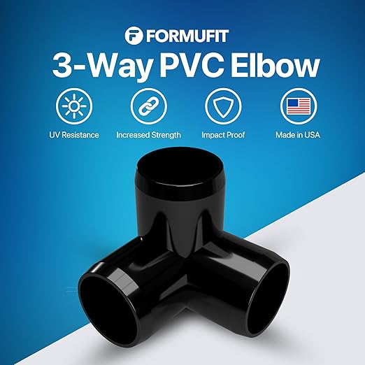 FORMUFIT 3/4” 3-Way Elbow Furniture Grade PVC Fitting in Black, Made in USA, UV-Resistant, Impact-Proof, 1.050” Actual Socket Diameter (Pack of 8)