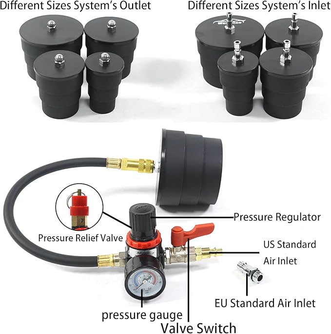 Turbo System Leakage Tester Kit, Turbo Pressure Leakage Tester for Cooling Emissions Exhaust Pipes, 9-Piece Turbo Boost Leak Tester Set with Stepped Adapters 1-3/8" to 3-1/2"