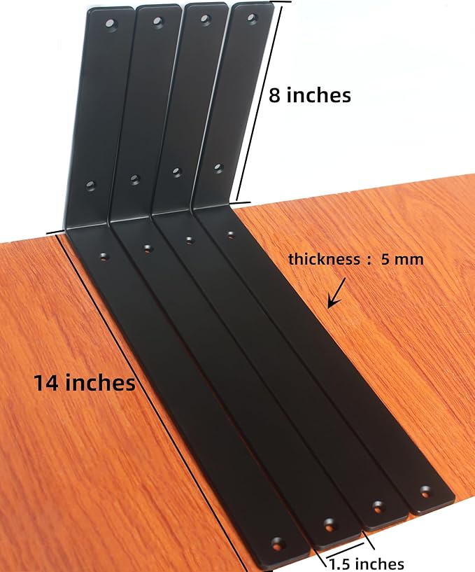 4 Pack - L 14" x H 8" x W1.5, 5mm Thick Black L Shelf Bracket, Iron Shelf Brackets, Metal Shelf Brackets, Floating Shelf, Shelf Supports with Screws