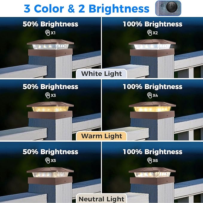 Peasur 4x4 Solar Post Cap Lights Outdoor with 3 Modes, 4 Packs Brown Fence Light Solar Powered Waterproof for 4x4 3.5x3.5 Wood/Vinyl Posts for Deck Yard Garden Patio Outside