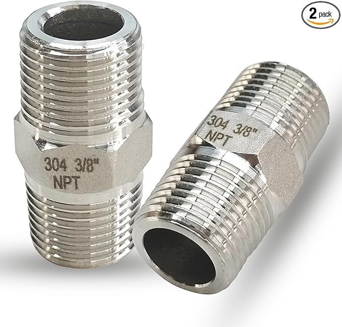 3/8" x 3/8" Male Hex Nipple Pipe Fittings, 304 Stainless Steel 3/8 inch NPT Male Threaded Pipe Adapter Fittings Equal Nipples Connectors, Adapter for 5/8” ID Pipe Connector (3/8“, 2pcs)