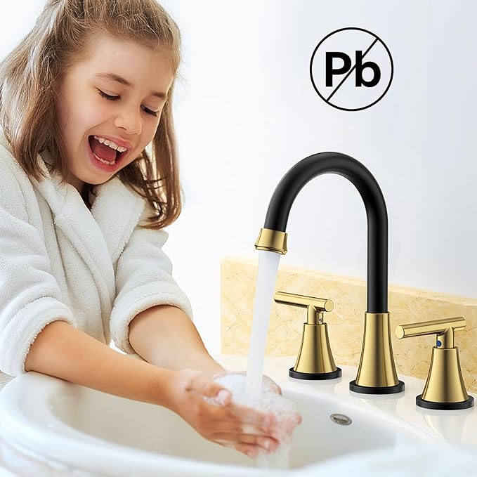 Bathroom Faucets for Sink 3 Hole, Hurran Black& Gold Bathroom Sink Faucet with Pop-up Drain and Supply Lines, Stainless Steel Lead-Free Widespread Faucet for Vanity RV Farmhouse Sink