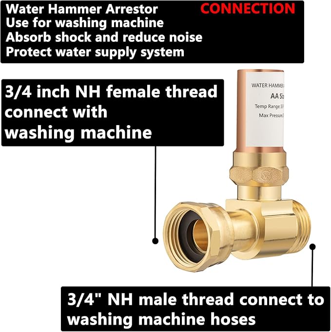 (2 Pack) Lidertik Water Hammer Arrestor for Washing Machine and 3/4 Inch Garden Hose, Copper Chamber and 2 More Washers, Absorb Shock and Reduce Noise LI-XYJSC-ZT-S(2 PCS)