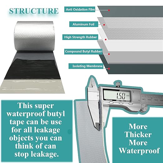 Super Waterproof Butyl Tape and Patch for Seal Repair, Adhesive Duct Tape with Aluminium for Pool Metal RV Roof Pipe Awning Hose Window, 4 in by 16-1/2 FT
