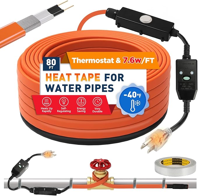 3~100FT Heat Tape for Water Pipes, UL & ETL Certified 80 FT Self-Regulating Pipe Heating Cable with Thermostat for Pipe Freeze Protection, Waterproof Heat Tape for Metal and Plastic Pipes