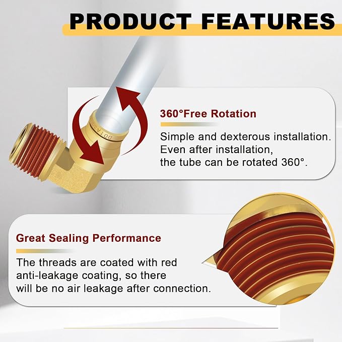 Siptenk 3/8" Elbow DOT Brass Push to Connect Air Line Fittings 5 PCS, 3/8" OD Tube x 3/8" NPT Thread Air Brake Line Quick Connect Fittings for Truck Trailers Industry Air System
