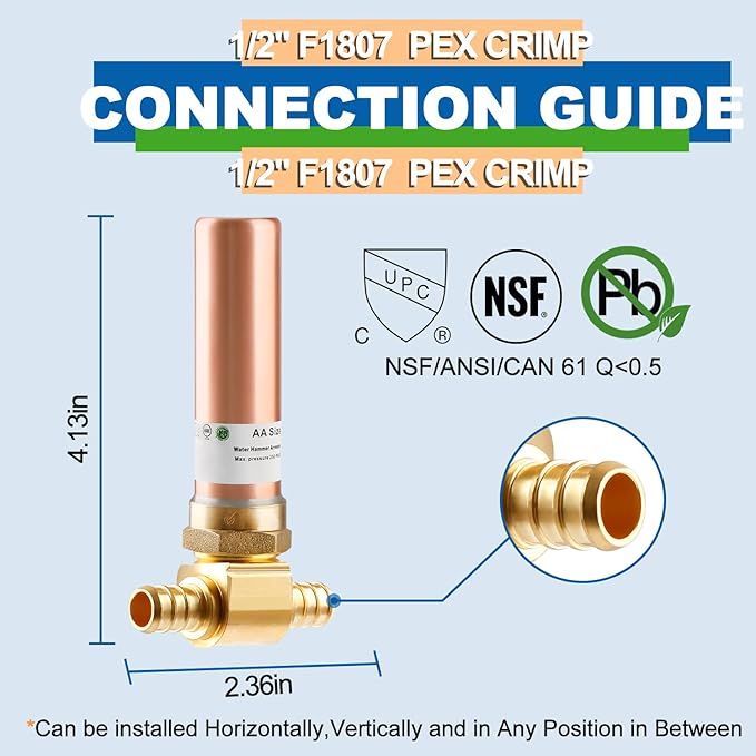 Copper Water Hammer Arrestor, 1/2 Inch Pex Crimp Tee Hammer Arrestor For Potable Water Plumbing Application, F1807 Tee Connection
