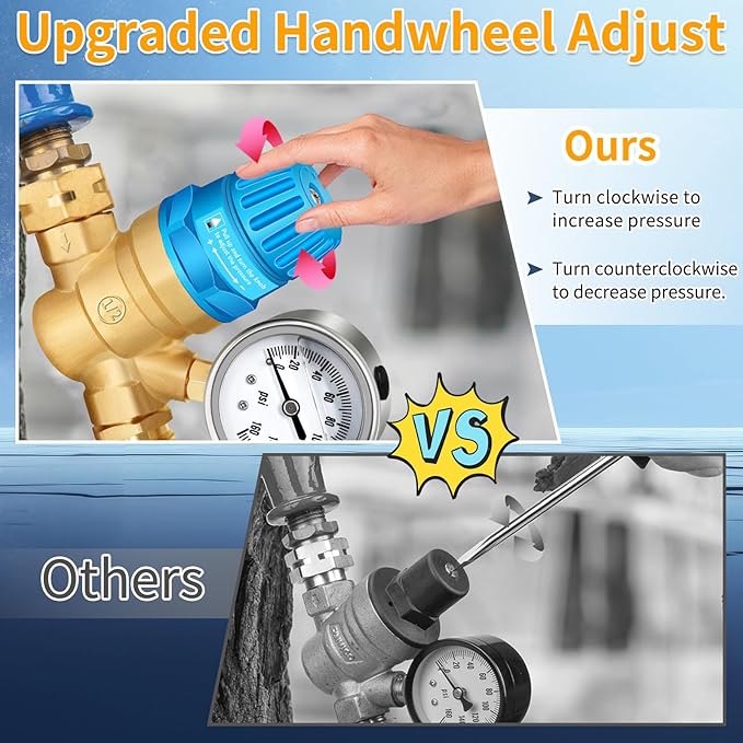 Boltigen Handle Adjustable RV Water Pressure Regulator, 3/4’’ GHT Brass Lead-Free RV Fresh Water Hose Pressure Regulator Valve with Gauge for RV Camper Trailer, Pressure Reducer Valve