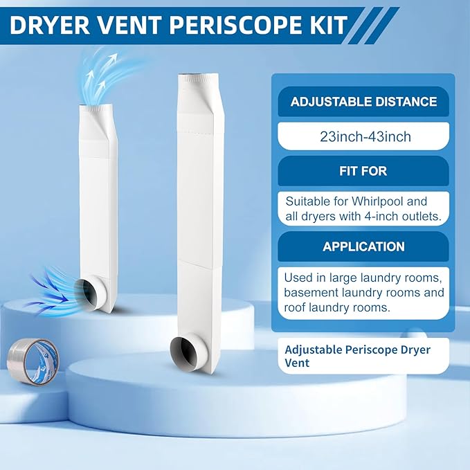Adjustable Periscope Dryer Vent 23-43", Upgraded 304 Stainless Steel Telescoping Dryer Vent Connector Kit for 4 in Outlet Tight Space Slim Flat Exhaust Duct Pipe Hose Replacement Vents(White)