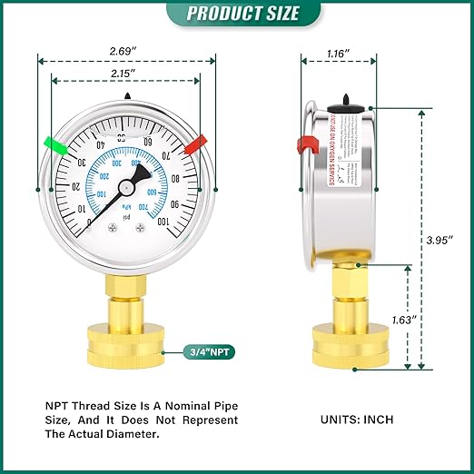 0-100PSI Stainless Steel Water Pressure Glycerin Filled Gauge, 2.5" Dial Size, 3/4" Brass Female Lower Mount, with Sealing Ring, Home Water Pressure Tester (with Range Mark Pointer)