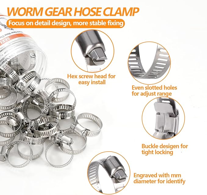 25 Pack Worm Gear Hose Clamp, Adjustable from 3/4 Inch to 1-1/8 Inch (19-29mm) Stainless Steel Fuel Line Hose Clamps, Metal Fuel Line Hose Clamps for Automotive Plumbing And Mechanical Application