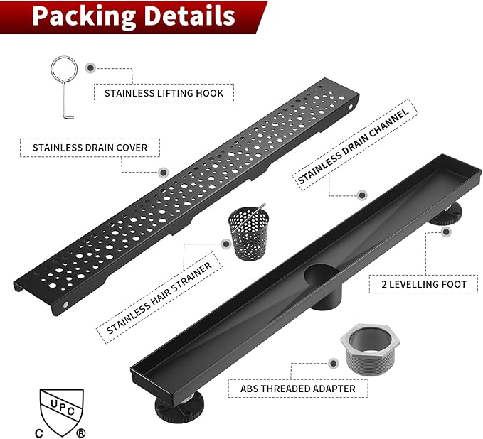 Sharp-tec 36 inch Linear Shower Drain, Black Rectangular Floor Drain, V-Shape Design Drain Channel, 304 Stainless Steel, cUPC Certificated for Bathroom Shower Room (Drain Base is Not Included)