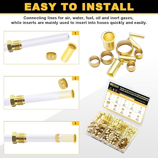 Siptenk 180PCS Brass Compression Sleeves Ferrules & Inserts Tube OD 1/2" 3/8" 5/16" 1/4" 3/16", 5 Sizes Tubing Insert Brass Ferrule Kit for DOT Air Brake LIne Fittings