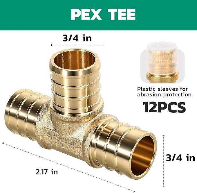 PEX Fittings 3/4 Inch, 12PCS Tee Lead-Free Brass Connectors for PEX B Pipe, NSF UPC Certified, ASTM F1807, Compatible with Crimp/Clamp Rings (Hot/Cold Water, Hydronic Heating)