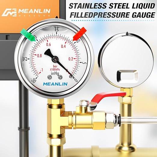MEANLIN MEASURE -30inHG~0Psi Vacuum Pressure Gauge 1/4" NPT 2.5" FACE DIAL, Stainless Steel Liquid Filled Pressure Gauge WOG Water Oil Air Lower Mount (with 2PCS Snaps)