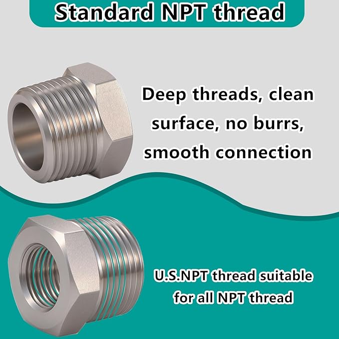 2 Pcs 3/4" Male NPT to 3/8" Female NPT Reducer Hex Bushing，304 Stainless Steel Pipe Fitting Hex Bushing, Heavy Duty Pipe Fitting Reducer Adapter