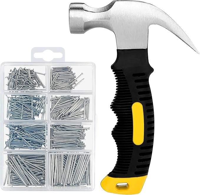KURUI 700PCs Nails Assortment Kit & 8oz Hammer, Small Hammer for Hanging Wall Art Decor, Picture Frame, 350 Roofing/Wall Nails & 350 Finishing Nail