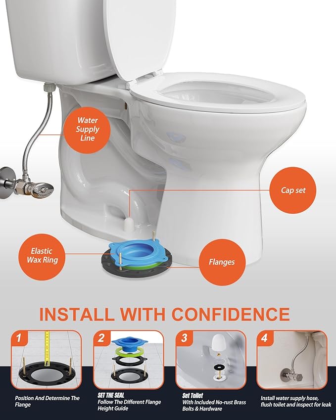Toilet Flange Repair Kit with Elastic Wax Ring & 16" Water Supply Line, All-in-One Toilet Installation Kit, 3"/4" Drain Compatible, Rubber Gasket Seal Replacement Kit Bathroom DIY Fix Solution
