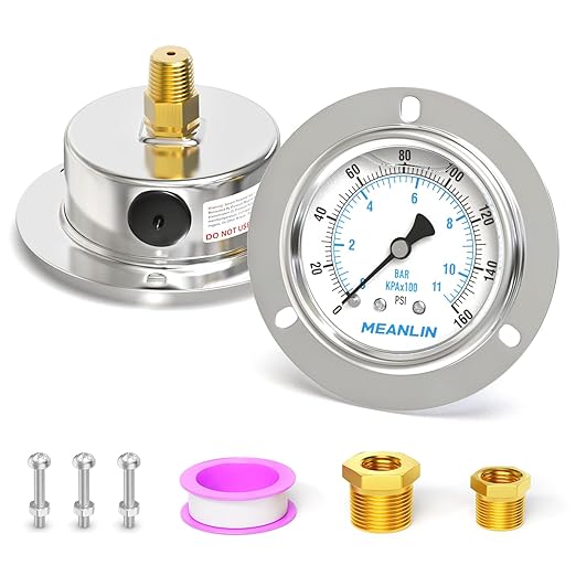 MEANLIN MEASURE 0~160Psi Liquid Filled Pressure Gauge Front Flange Panel Mount, 1/4" NPT 2.5" FACE DIAL Stainless Steel Case with Phillips Screw, Nut and Brass Hex Bushing, +/-3-2-3%