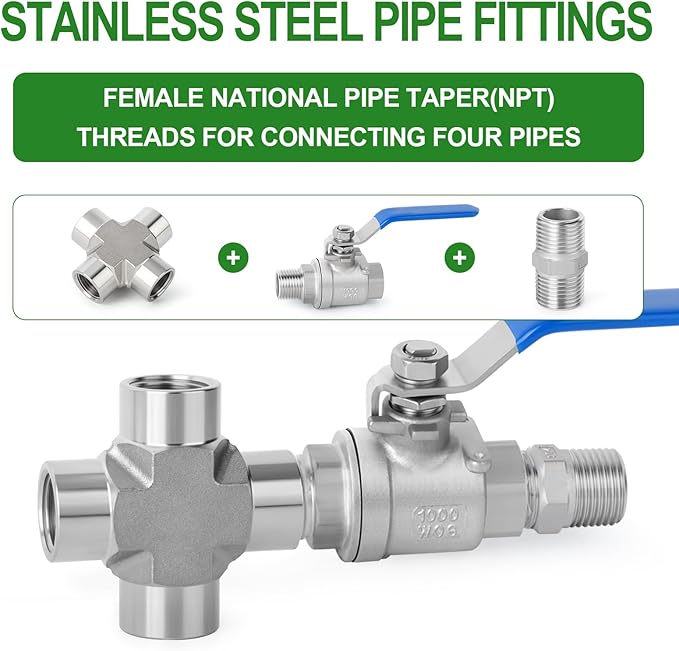 TAISHER 2PCS Forging of 304 Stainless Steel 4 Way Pipe Fittings, 1/8" x 1/8" x 1/8" x 1/8" NPT Female Pipe Fittings