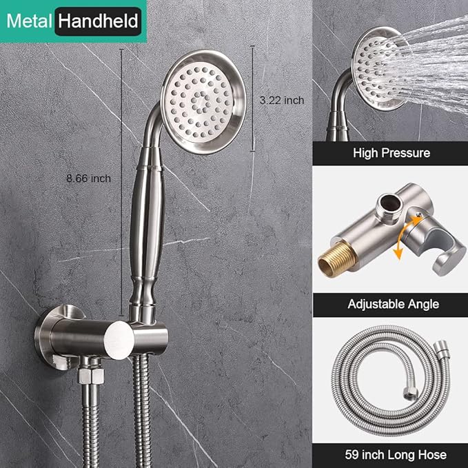 Antique Shower Faucet-Sets Fixtures: 9 inch Wall Rain Head with Handheld Spray and Body Jets, 3 Way Diverter Rough in Valve System included Trim Kit, Brushed Nickel