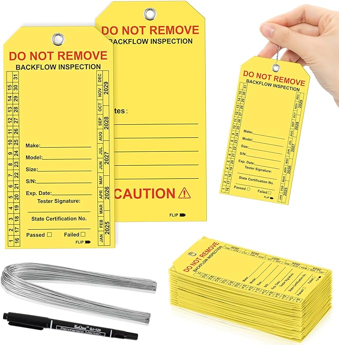 100 PCS Waterproof Backflow Inspection Tags 2.6 x 5.2 Inch Heavy Duty 18 Mil Writable Plastic Tags with Iron Wire & Pen Double-Sided Printing Pre-Punched Holes Maintenance Record for Backflow (Yellow)
