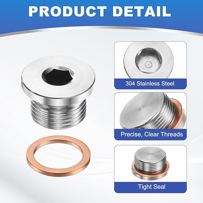 PATIKIL M16 x 1.5 Metric Pipe Plug Fitting, 304 Stainless Steel Internal Hex Head Socket Pipe Cap Adapter Connector with Copper Washer for Sealing Oil Gas Water