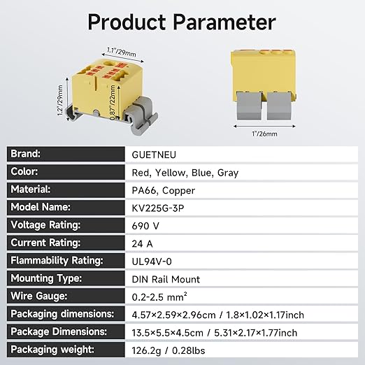 4Pcs KV225G DIN Rail Terminal Blocks, 3-Pole 1 in 6 Out Push-in Wire Connector/Splitter, 690V 24A