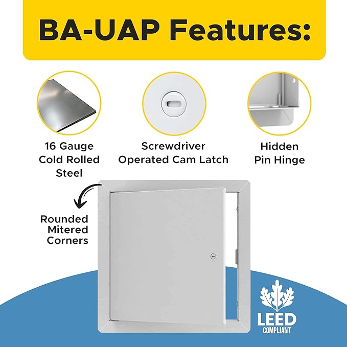 Best 14" x 20" Universal Access Panel – Flush Steel Door with Exposed Flange for Walls or Ceilings, 16-Gauge Cold Rolled Steel Frame, Screwdriver Cam Latch, White Powder-Coat Primer Finish, BA-UAP