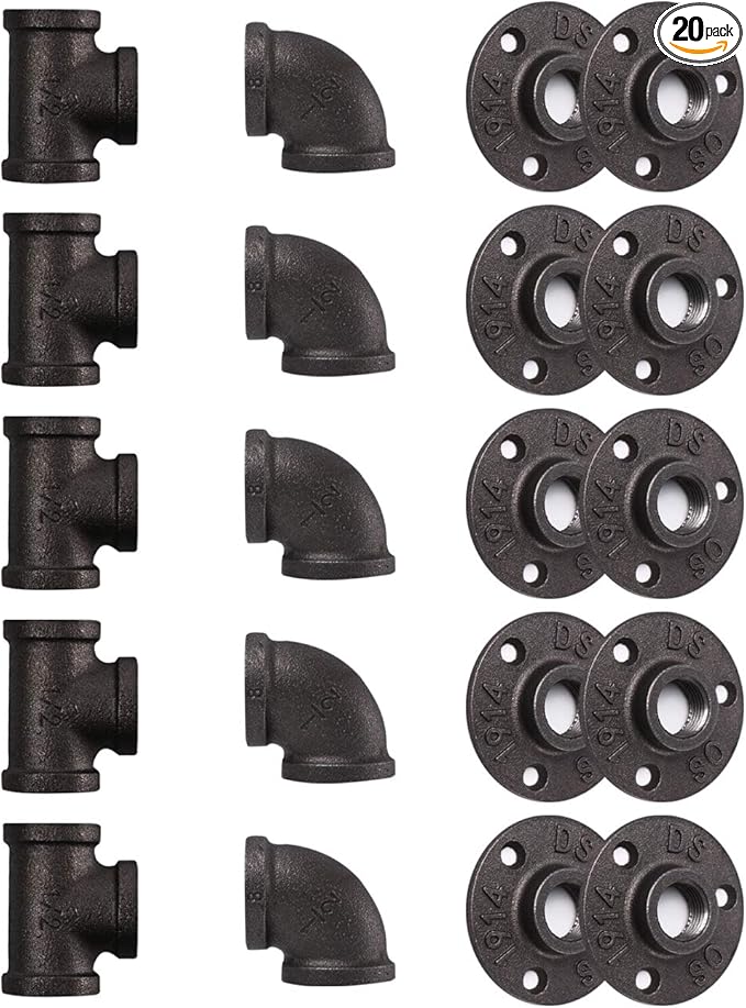 Pipe Fitting, 20 Pack 1" Gray Floor Flange/Elbow/Tee Combo for Industrial vintage style, Flanges/Elbow/Tee with Threaded Hole for DIY Project/Furniture/Shelving Decoration (20, 1")