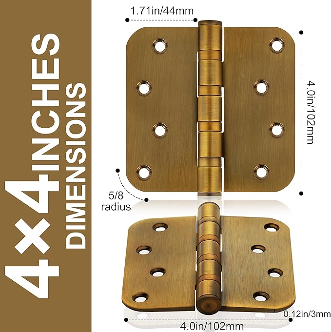3 Pack 4" Heavy Duty Door Hinges with 5/8'' Radius Corner, 4in x 4in Stainless Steel Door Hinges for Exterior & Interior Doors, Smooth and Quiet (Brass)