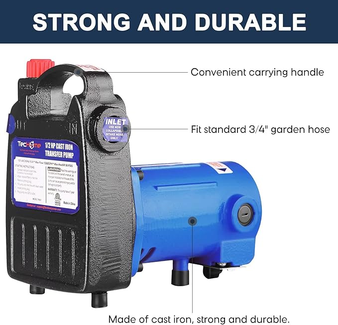 1/2 HP Cast Iron Transfer Pump, 120V 1560GPH Water Pump, High Pressure Transfer Pump with Suction Strainer and Brass Connectors.