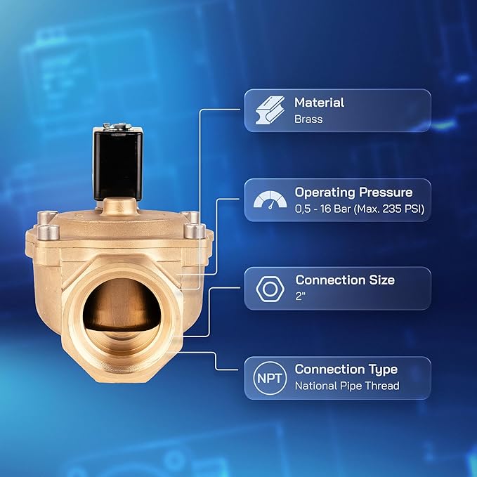 UNOX 2 inch NPT Solenoid Valve 220V AC, Brass Control Valve Normally Closed - 7-232 PSI Multi-Purpose Reliable Control Valve for Water, Air, and Gas - Solenoid Valves