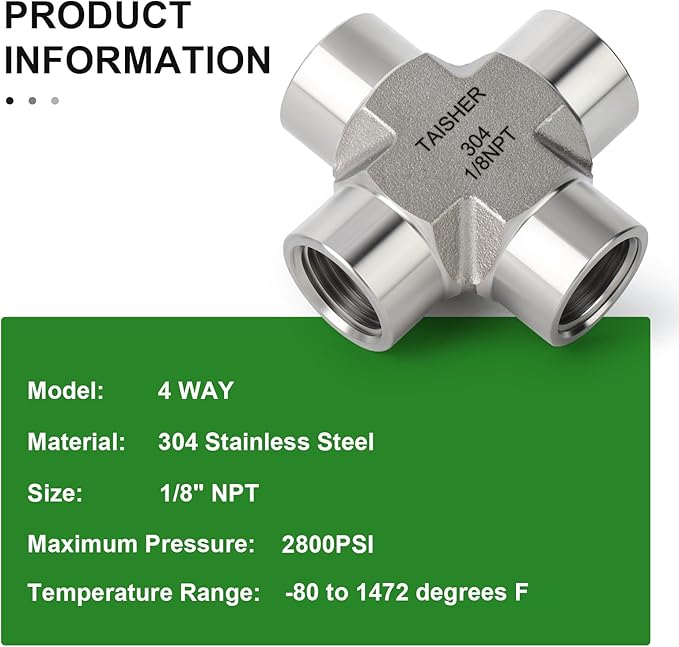 TAISHER 1PCS Forging of 304 Stainless Steel 4 Way Pipe Fittings, 1/8" x 1/8" x 1/8" x 1/8" NPT Female Pipe Fittings