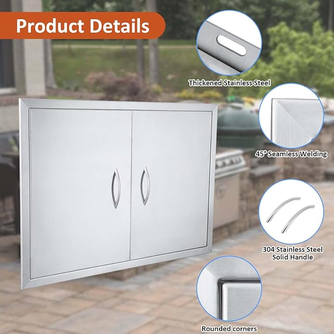 JIE JIN 31" W X 24" H Outdoor Kitchen Doors Double Doors Thickened 304 Brushed Stainless Steel BBQ Access Door BBQ Island Doors Outdoor Kitchen Accessories Door for Outdoor Kitchen BBQ Island