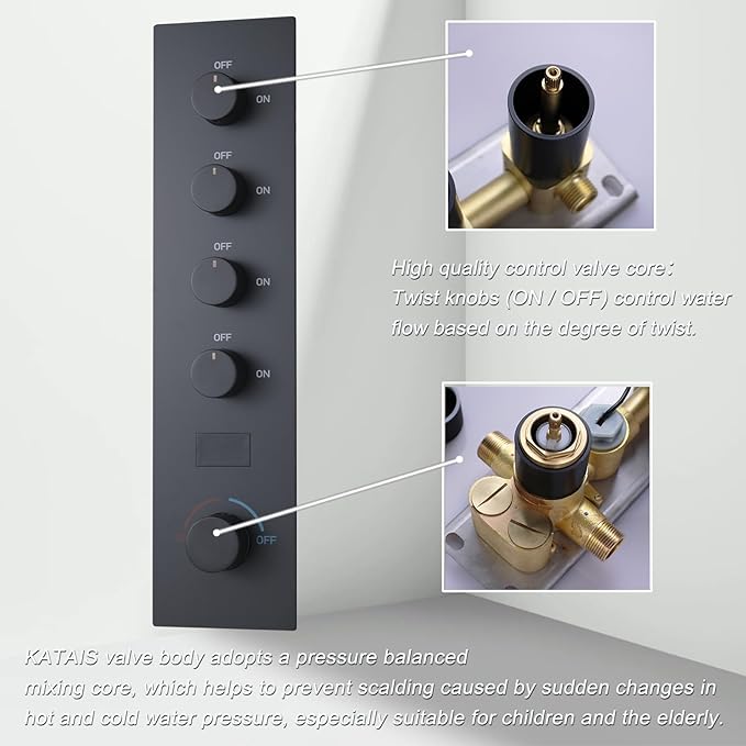 Shower Valve Concealed Shower Mixing Faucet with Temperature Display Function, Flow Control Brass Diverter Valve Kit, 4 Function Can Be Activated Simultaneously, Matte Black
