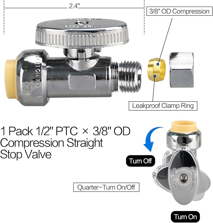 20pcs Stop Valves, 1/2" × 3/8" Straight Stop Valve, 1/2" PTC Input, 3/8" OD Compression Output, Push to Connect, 1/4 Turn, Chrome Plated Brass for Faucet, Toilet Valves, No Lead