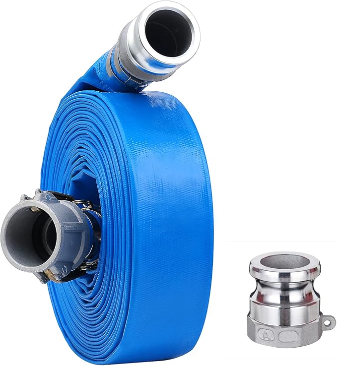 1-1/2" x 50ft PVC Lay Flat Discharge Hose With Aluminum Camlock C & E Fittings, Cam Lock Fitting Type A included, Pump Backwash Hose Assembly