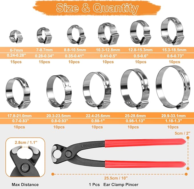 𝟭𝟮𝟬𝗣𝗖𝗦 𝟭𝟭 𝗦𝗶𝘇𝗲𝘀 𝗦𝗶𝗻𝗴𝗹𝗲 𝗘𝗮𝗿 𝗛𝗼𝘀𝗲 𝗖𝗹𝗮𝗺𝗽𝘀 304 Stainless Steel, 6-33.1mm Stepless Cinch Rings Crimp Assortment Kit with Ear Clamp Pincer for Securing Pipe Hose By Hydencamm