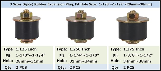 3 Sizes (6pcs) Rubber Expansion Plug, Fit Hole Size: 1-1/8"~1-1/2" (28mm~38mm) Automotive Rubber Freeze Plug