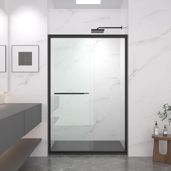 KEIKI Double Sliding Shower Door 44"-48" W x 72" H, 5/16 inch Tempered Glass Door for Walk-in Shower,Bypasss Bathroom Shower Enclosure, with Towel Bar & Mute Sliding Rollers,Matte Black Finished