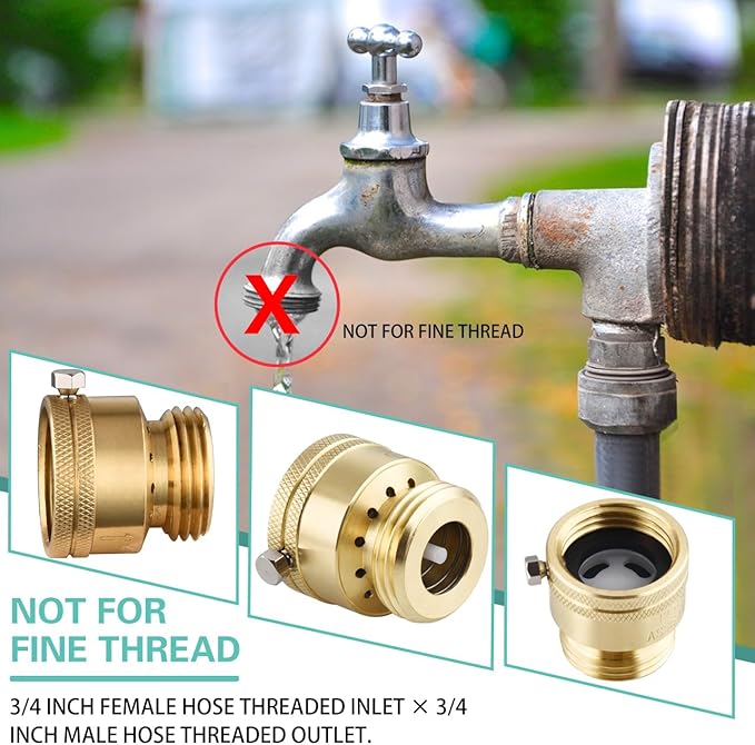 2-Pack 3/4 Inch GHT Backflow Preventer for Garden Hose, Brass Vacuum Breaker Outside Faucet, Anti-Siphon Valve Hose Bib, Garden Hose Check Valve, RV Vacuum Breaker Valve with Tape
